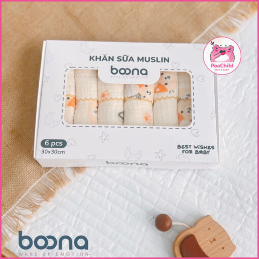 Khăn sữa Muslin Boona 2 lớp cho bé sơ sinh - Hộp 6 khăn mềm mại, không xù lông (30x30cm) - Hình ảnh 6