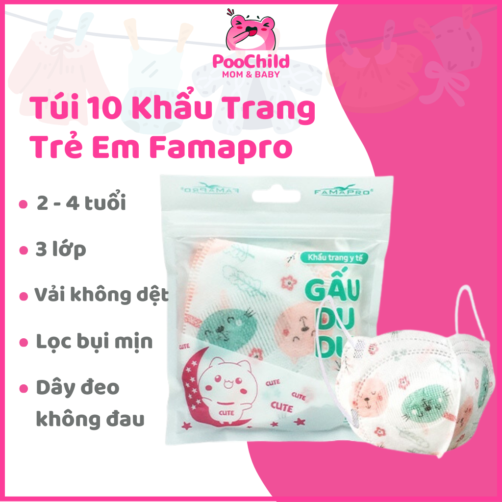 Khẩu Trang Y Tế Cho Bé Famapro Gấu Du Du Kháng Khuẩn, Thoáng Khí, Túi 10 Cái, Dành Cho Trẻ 2-4 Tuổi