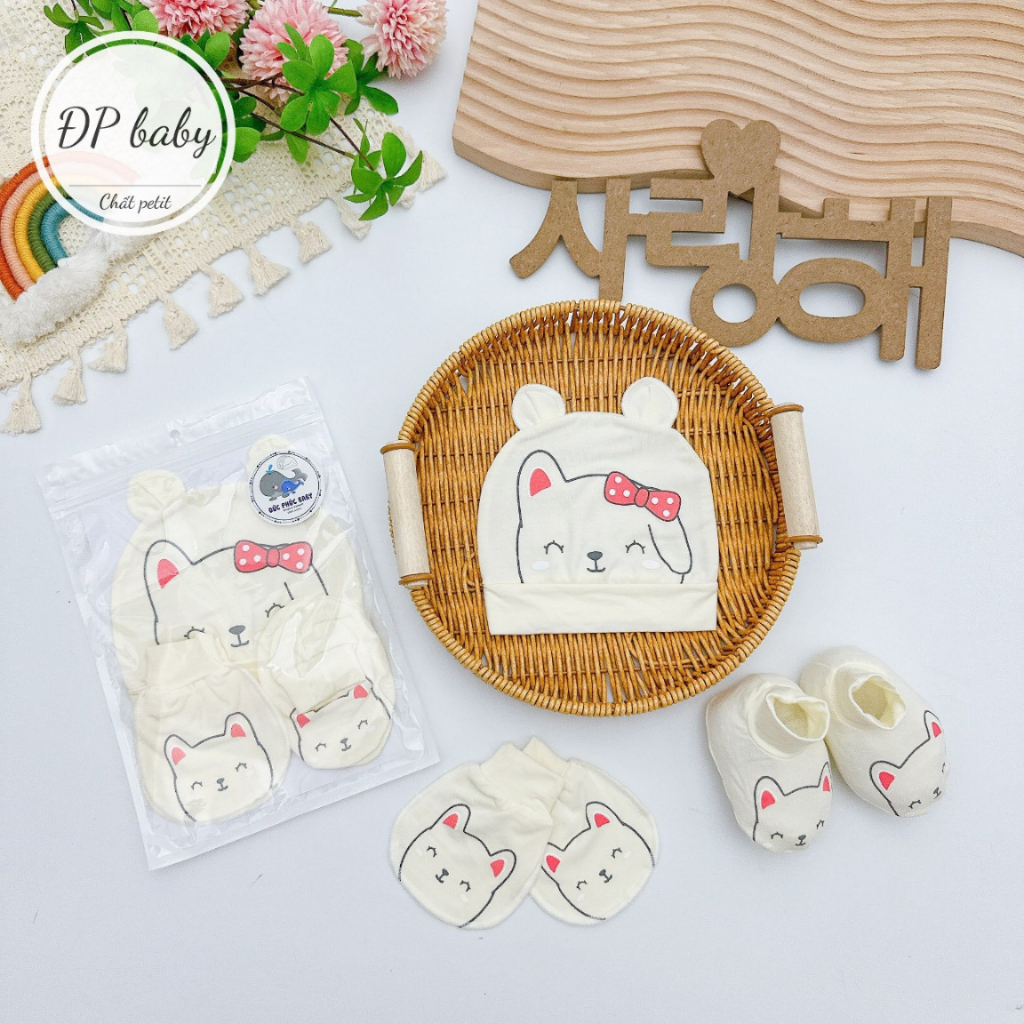 Set mũ bao tay bao chân cho bé sơ sinh chất liệu Petit nền kem họa tiết thú siêu mềm mát ĐP Baby - Hình ảnh 7