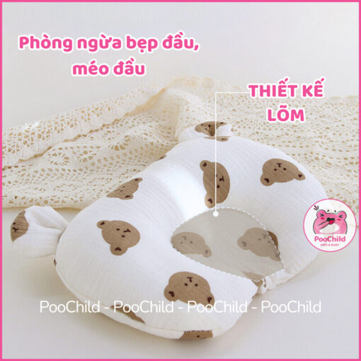 Gối cho bé sơ sinh chống bẹp đầu PooChild, gối lõm chống méo đầu, xô muslin, gối nằm em bé tai thỏ - Hình ảnh 2
