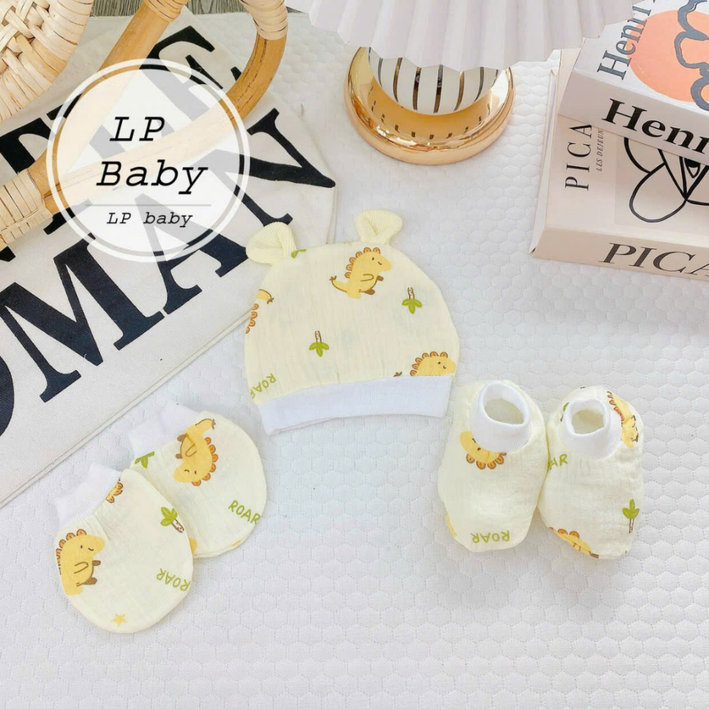 Set mũ bao tay bao chân cho bé sơ sinh chất liệu Muslin họa tiết xinh xắn siêu mềm viền bo LP Baby - Hình ảnh 8