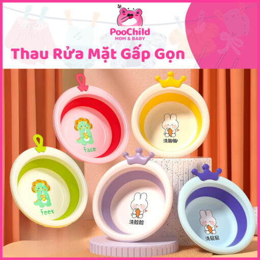Chậu rửa mặt gấp gọn cho bé, thau rửa mặt gấp gọn cho bé sơ sinh tiện lợi có móc treo PooChild