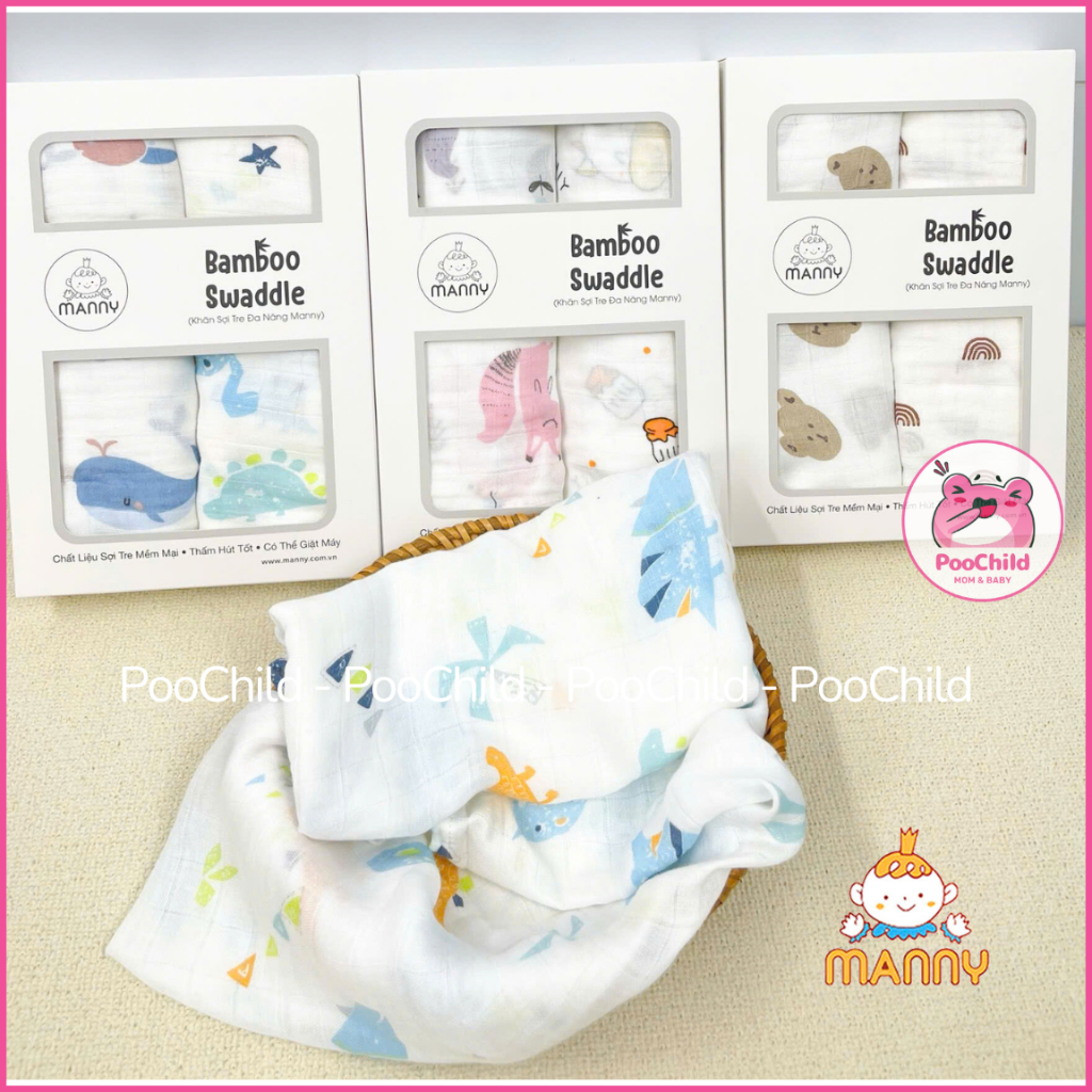 Hộp 2 khăn tắm cho bé sợi tre quấn bé đa năng 110x120cm khăn tắm em bé bamboo kích thước lớn Manny - Hình ảnh 6