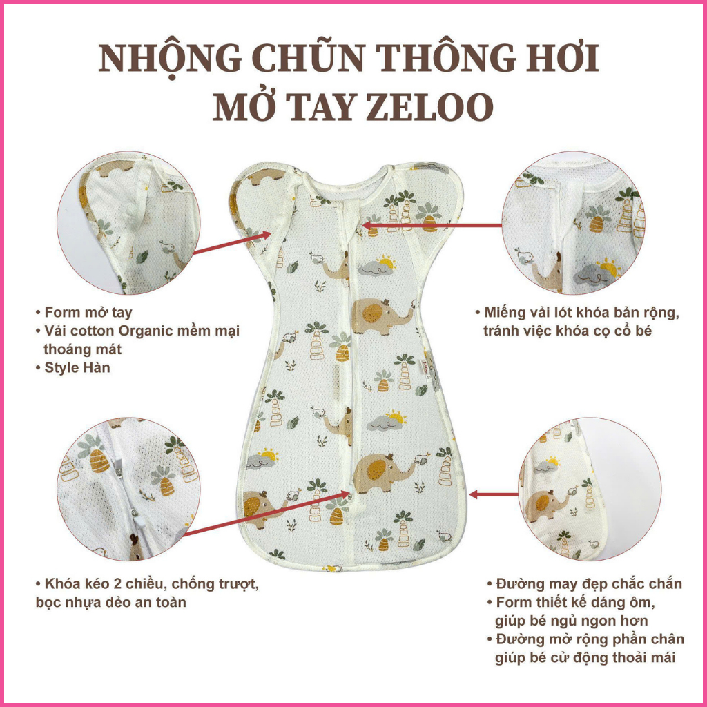 Nhộng chũn thông hơi mở tay cho bé sơ sinh Zeloo nhộng lưới cotton quấn chũn cho bé ngủ ngon mềm mại chống giật mình - Hình ảnh 2