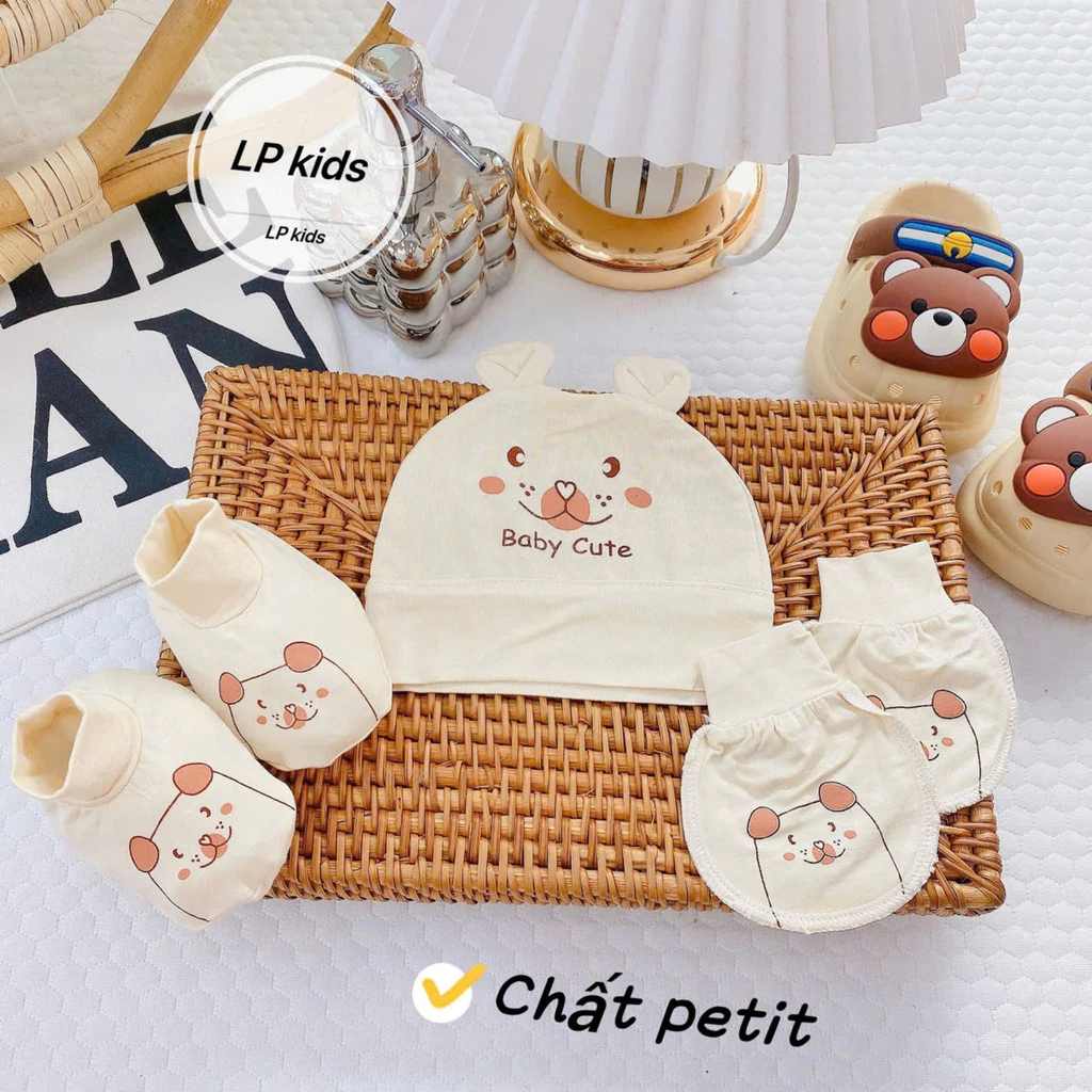 Set mũ bao tay bao chân cho bé sơ sinh chất liệu Petit nền kem họa tiết thú siêu mềm mát LP-03 - Hình ảnh 7