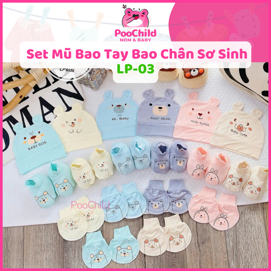 Set mũ bao tay bao chân cho bé sơ sinh chất liệu Petit nền kem họa tiết thú siêu mềm mát LP-03