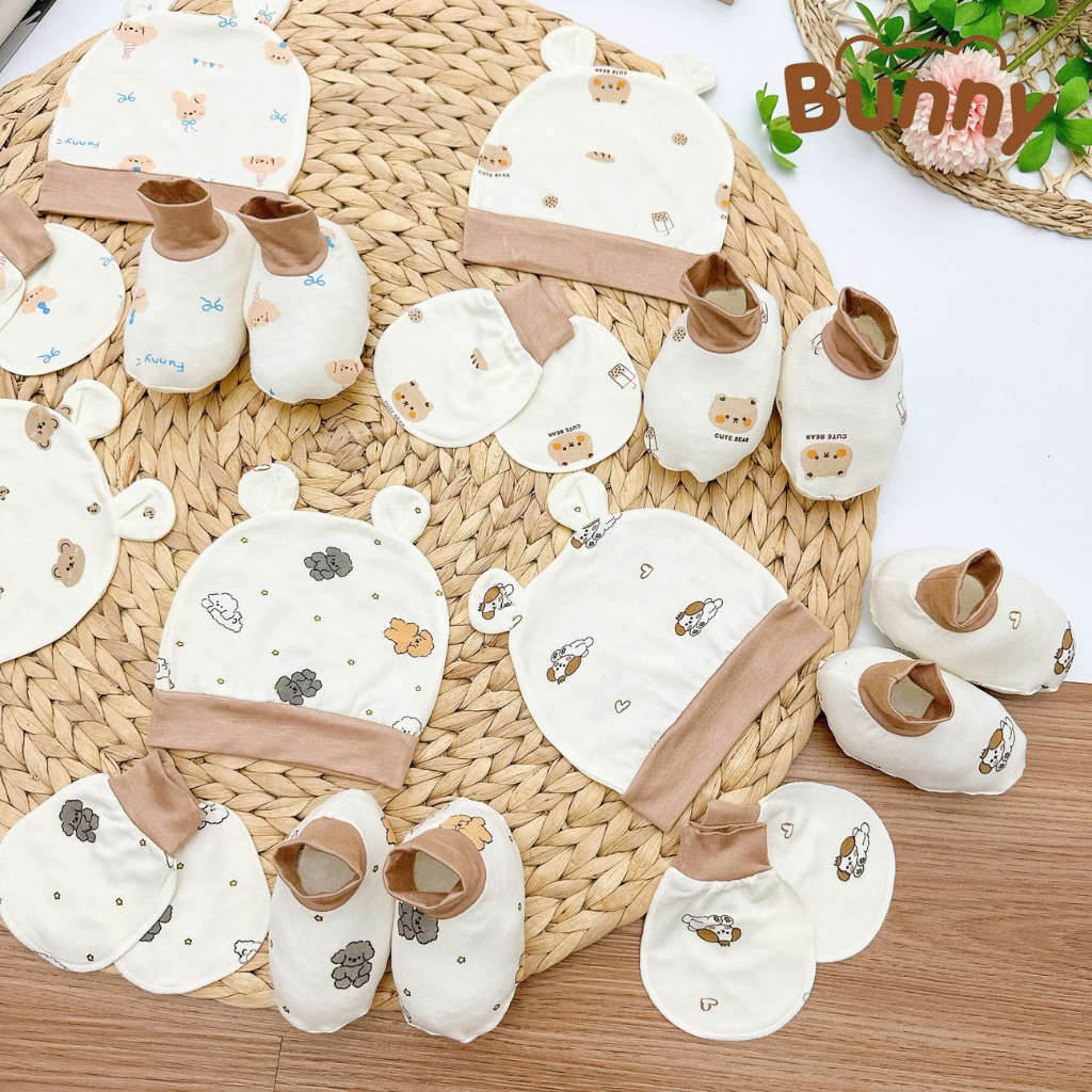 Set mũ bao tay bao chân cho bé sơ sinh Bunny chất liệu petit nền kem xinh xắn mềm mát co dãn cực tốt - Hình ảnh 4