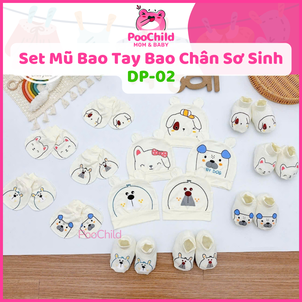 Set mũ bao tay bao chân cho bé sơ sinh chất liệu Petit nền kem họa tiết thú siêu mềm mát ĐP Baby
