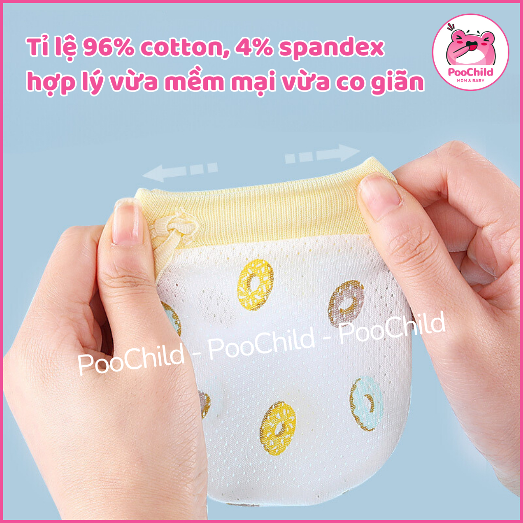 Bao tay cho bé sơ sinh đến 2 tuổi PooChild, bao tay cotton có lỗ thoáng khí dây rút chống cào - Hình ảnh 5