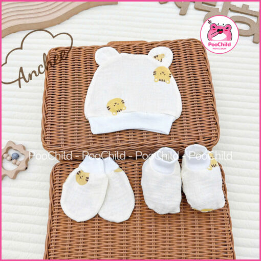 Set Mũ Bao Tay Bao Chân Bé Sơ Sinh Muslin AC-04 Co Giãn 4 Chiều Mềm Ngủ Ngon Thoáng Chống Hằn Giữ Ấm - Hình ảnh 9