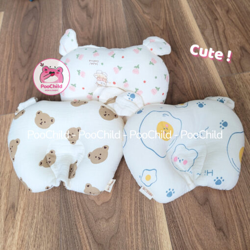 Gối cho bé sơ sinh chống bẹp đầu PooChild, gối lõm chống méo đầu, xô muslin, gối nằm em bé tai thỏ - Hình ảnh 9