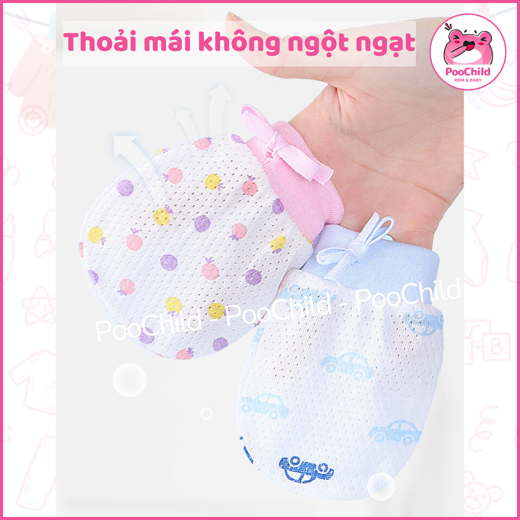 Bao tay cho bé sơ sinh đến 2 tuổi PooChild, bao tay cotton có lỗ thoáng khí dây rút chống cào - Hình ảnh 4