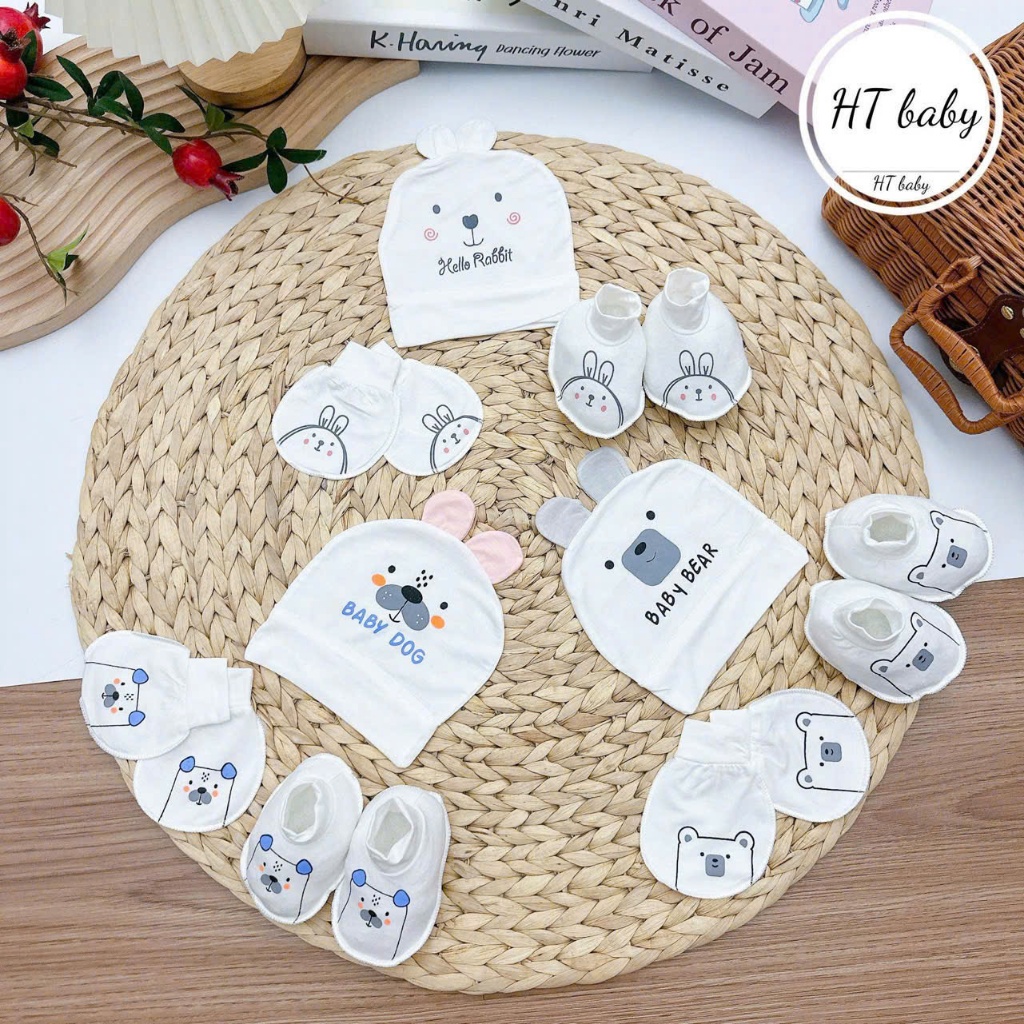 Set mũ bao tay bao chân cho bé sơ sinh chất liệu Petit nền kem họa tiết thú siêu mềm mát LP-03 - Hình ảnh 5
