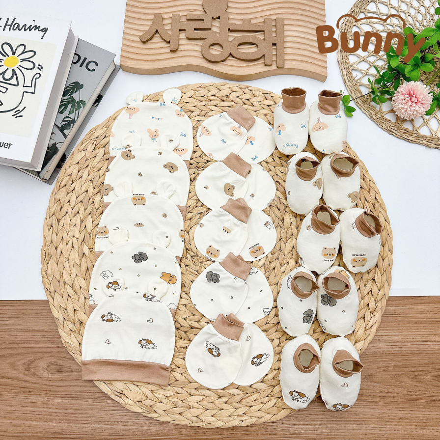Set mũ bao tay bao chân cho bé sơ sinh Bunny chất liệu petit nền kem xinh xắn mềm mát co dãn cực tốt - Hình ảnh 3