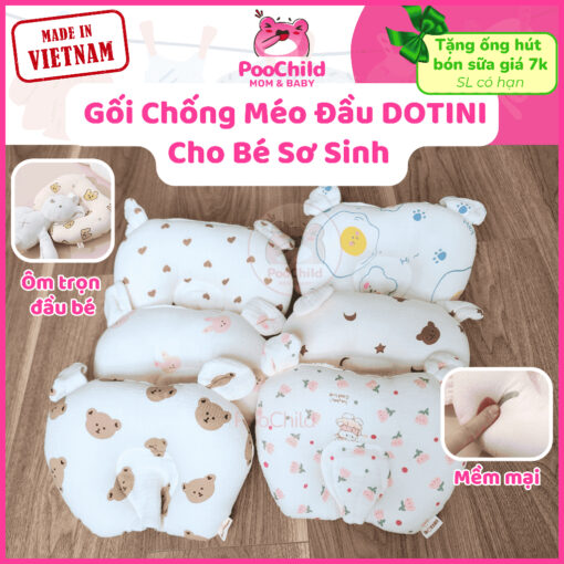 Gối cho bé sơ sinh chống bẹp đầu PooChild, gối lõm chống méo đầu, xô muslin, gối nằm em bé tai thỏ