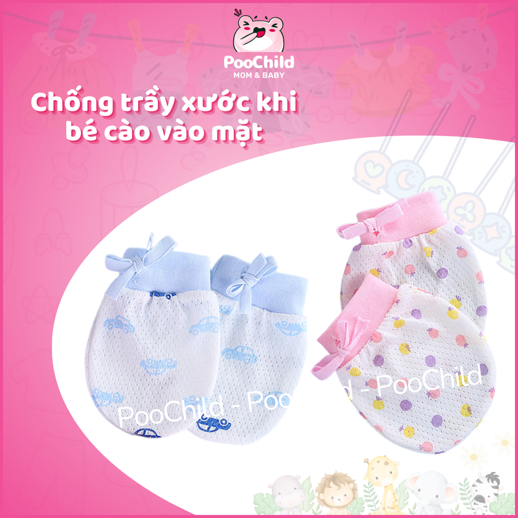 Bao tay cho bé sơ sinh đến 2 tuổi PooChild, bao tay cotton có lỗ thoáng khí dây rút chống cào - Hình ảnh 2
