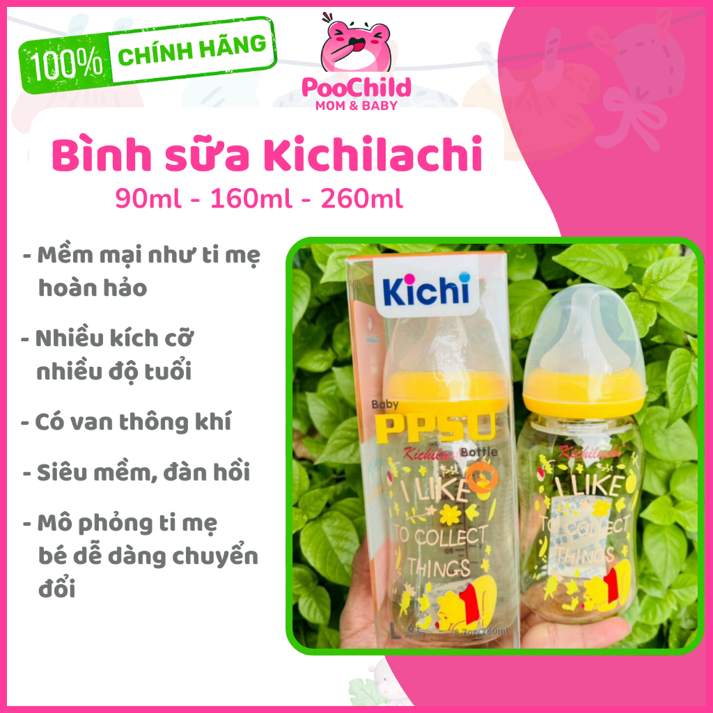 Bình sữa cổ rộng cho bé Kichilachi PPSU dung tích 90ml/ 160ml/ 260ml hình gấu tặng kèm 1 núm ti