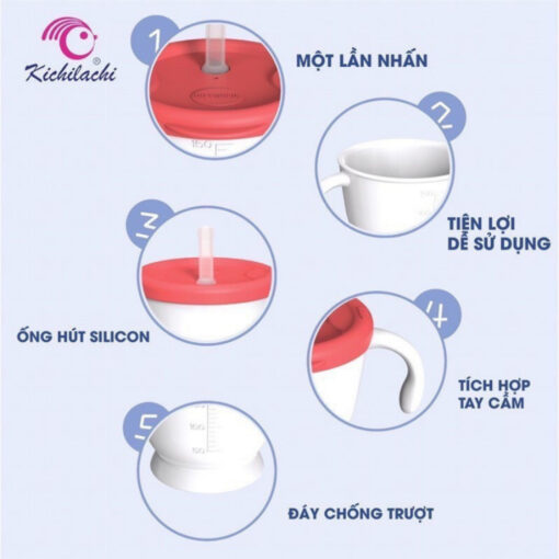 Cốc tập uống nước cho bé Kichilachi 3 giai đoạn 2 nắp, cốc tập hút cho bé Kichi ống hút silicone - Hình ảnh 2