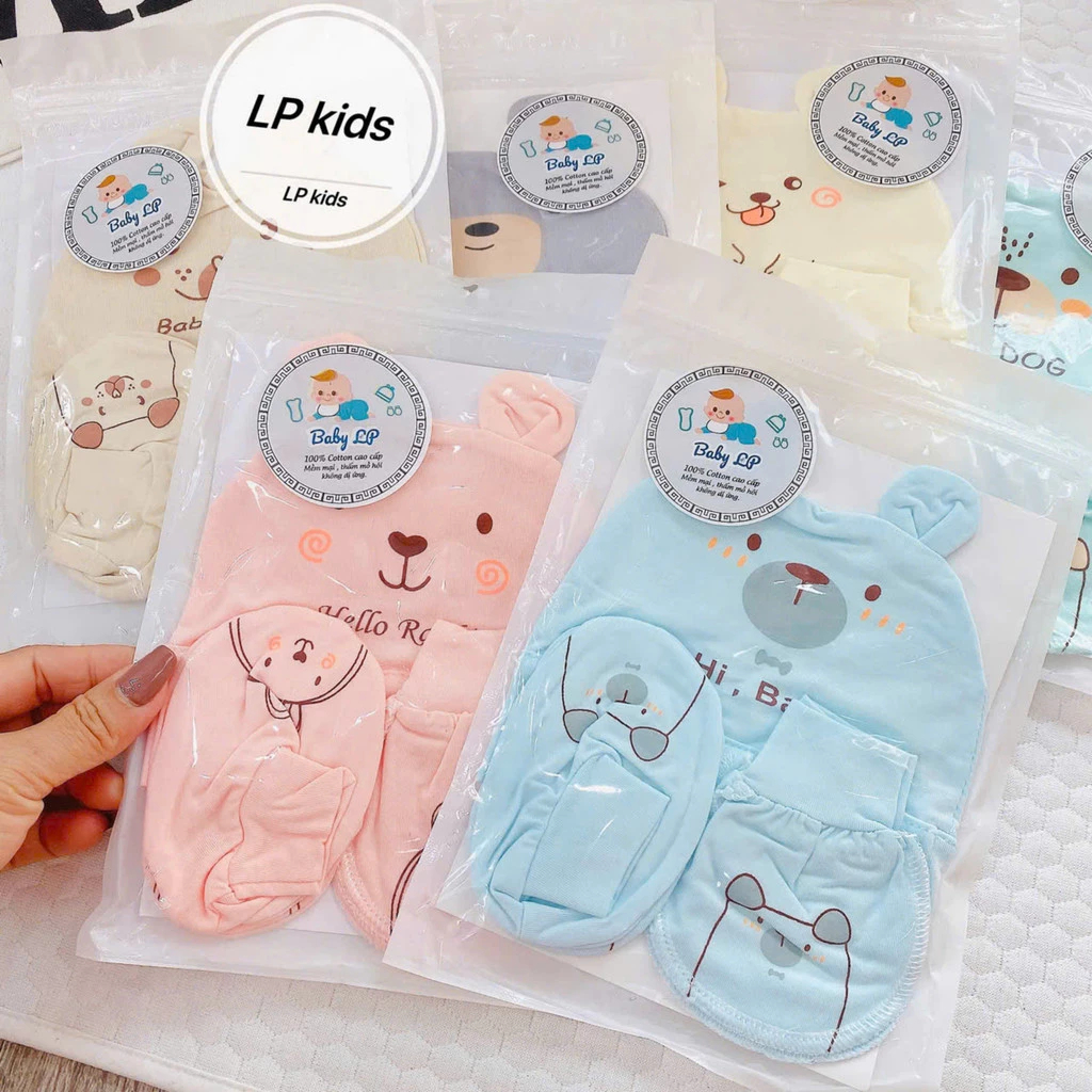 Set mũ bao tay bao chân cho bé sơ sinh chất liệu Petit nền kem họa tiết thú siêu mềm mát LP-03 - Hình ảnh 6