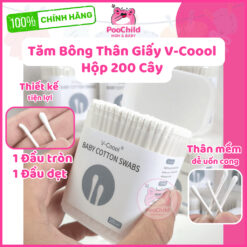 Tăm bông em bé VCoool hộp 200 cây bông tự nhiên bông tăm cho bé sơ sinh đầu dẹt đầu tròn thân giấy