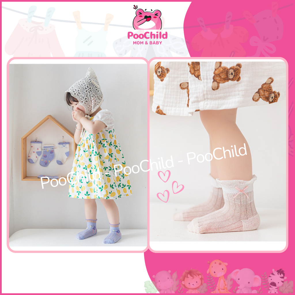 Set 5 Đôi Vớ Bé PooChild Size S 9cm 0-1 Tuổi Cotton Mềm Mại Hè Mát Màu Hồng Tím Phong Cách Hàn Quốc - Hình ảnh 9