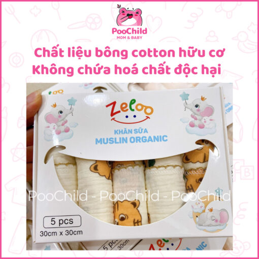 Khăn sữa Muslin Organic Zeloo hộp 5 khăn 30x30cm, khăn sữa cho bé 2 lớp mềm mịn không xù lông - Hình ảnh 2