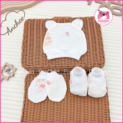 Set Mũ Bao Tay Bao Chân Bé Sơ Sinh Muslin AC-04 Co Giãn 4 Chiều Mềm Ngủ Ngon Thoáng Chống Hằn Giữ Ấm - Hình ảnh 7