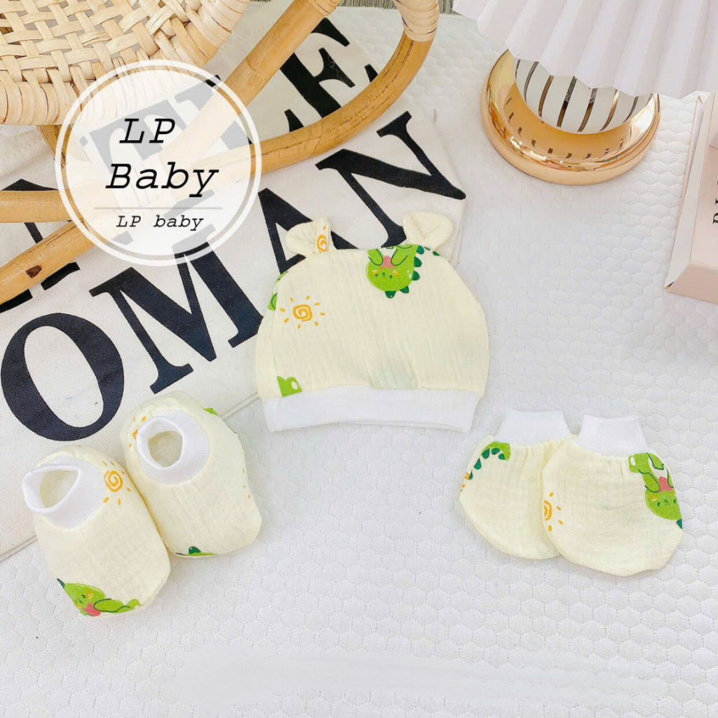 Set mũ bao tay bao chân cho bé sơ sinh chất liệu Muslin họa tiết xinh xắn siêu mềm viền bo LP Baby - Hình ảnh 5