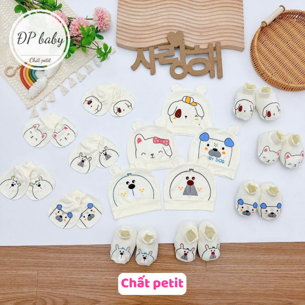 Set mũ bao tay bao chân cho bé sơ sinh chất liệu Petit nền kem họa tiết thú siêu mềm mát ĐP Baby - Hình ảnh 2