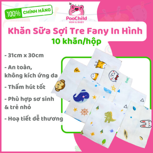 Bộ 10 Khăn Sữa Sợi Tre Cao Cấp Fany 31x30cm, Mềm Mịn, Kháng Khuẩn, Không Xù Lông, An Toàn Cho Bé