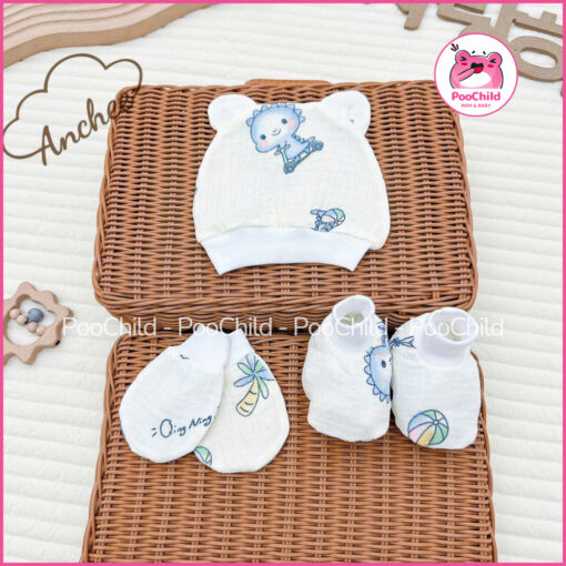 Set Mũ Bao Tay Bao Chân Bé Sơ Sinh Muslin AC-04 Co Giãn 4 Chiều Mềm Ngủ Ngon Thoáng Chống Hằn Giữ Ấm - Hình ảnh 8