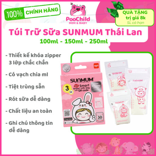 Túi trữ sữa Sunmum Thái Lan chính hãng 100ml/150ml/250ml túi đựng sữa mẹ để ngăn đông khoá zip 3 lớp
