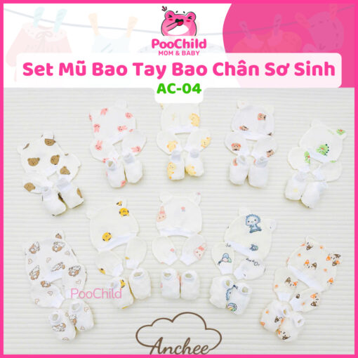 Set Mũ Bao Tay Bao Chân Bé Sơ Sinh Muslin AC-04 Co Giãn 4 Chiều Mềm Ngủ Ngon Thoáng Chống Hằn Giữ Ấm