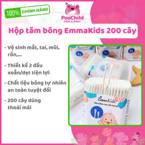 Tăm bông Emmakids 200 cây 7.2cm x 3mm thân giấy làm sạch tai mũi mắt rốn da nhạy cảm thấm hút cho bé