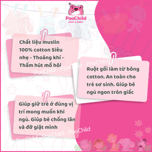 Gối Chặn Bé Sơ Sinh Vải Muslin 100% Cotton Êm Ái Chống Lăn Đỡ Giật Mình - Hình ảnh 9