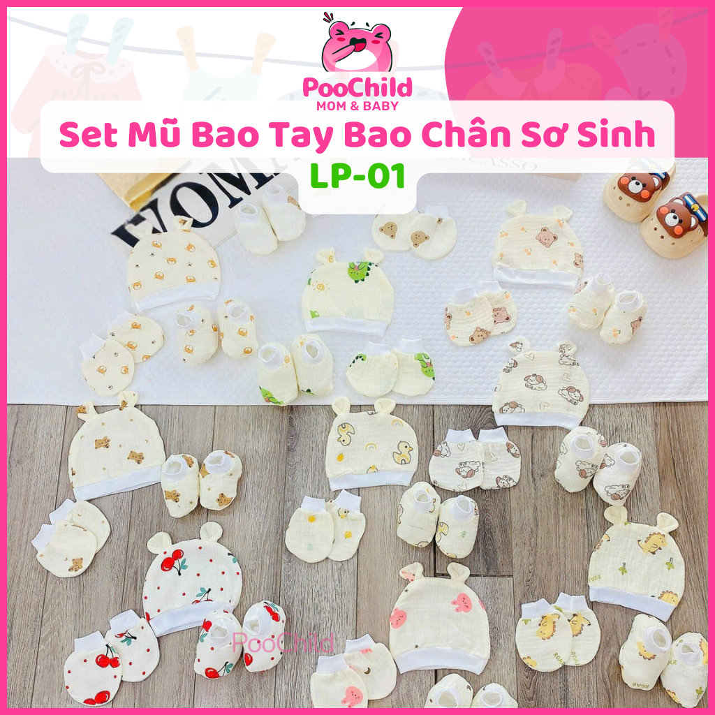 Set mũ bao tay bao chân cho bé sơ sinh chất liệu Muslin họa tiết xinh xắn siêu mềm viền bo LP Baby