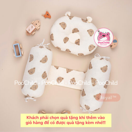 Bộ gối chặn cho bé sơ sinh xô muslin, bộ chặn bông và gối nằm vải xô chống lăn, gối chẹn 2 bên Royal - Hình ảnh 2