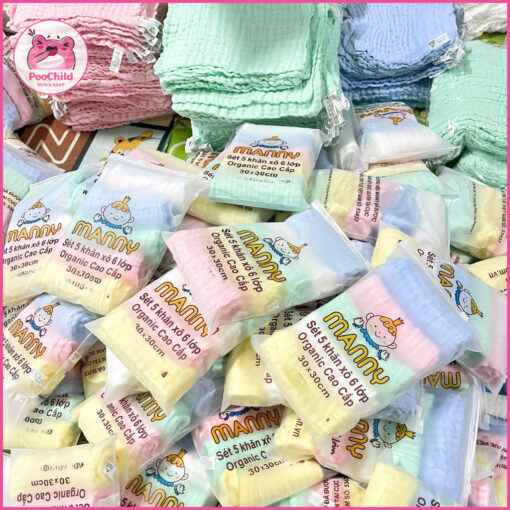 Khăn Sữa Xô 6 Lớp Manny cho bé set 5 khăn siêu mềm, khăn sữa cho bé sơ sinh 30x30cm organic thấm hút - Hình ảnh 9