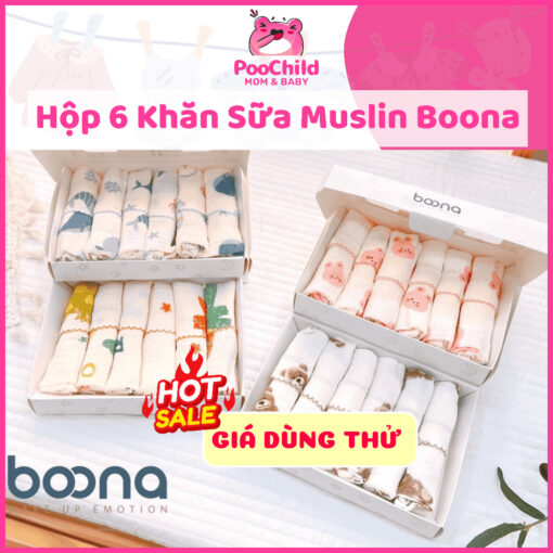 Khăn sữa Muslin Boona 2 lớp cho bé sơ sinh - Hộp 6 khăn mềm mại, không xù lông (30x30cm)