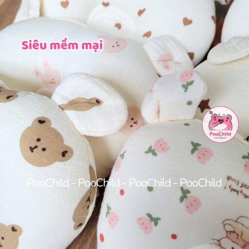 Gối cho bé sơ sinh chống bẹp đầu PooChild, gối lõm chống méo đầu, xô muslin, gối nằm em bé tai thỏ - Hình ảnh 6