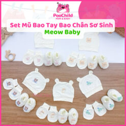 Set mũ bao tay bao chân cho bé sơ sinh chất liệu Petit nền kem họa tiết thú siêu mềm mát Meow Baby
