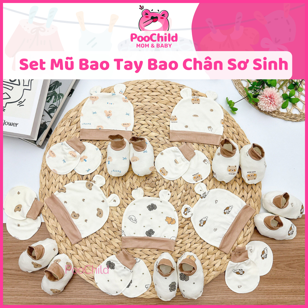 Set mũ bao tay bao chân cho bé sơ sinh Bunny chất liệu petit nền kem xinh xắn mềm mát co dãn cực tốt