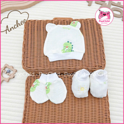 Set Mũ Bao Tay Bao Chân Bé Sơ Sinh Muslin AC-04 Co Giãn 4 Chiều Mềm Ngủ Ngon Thoáng Chống Hằn Giữ Ấm - Hình ảnh 4