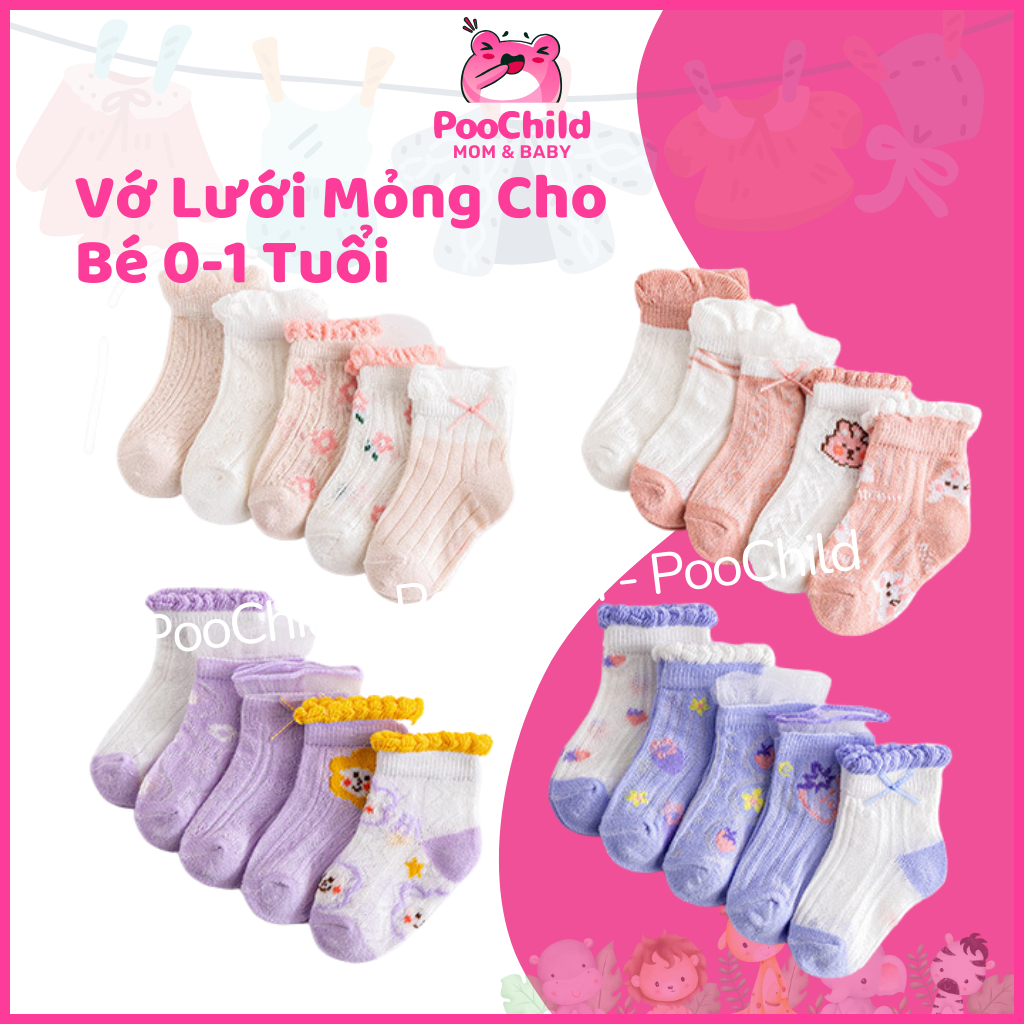 Set 5 Đôi Vớ Bé PooChild Size S 9cm 0-1 Tuổi Cotton Mềm Mại Hè Mát Màu Hồng Tím Phong Cách Hàn Quốc