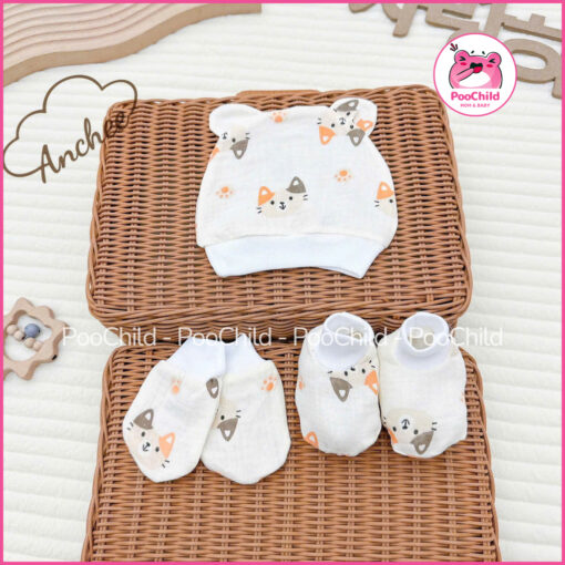 Set Mũ Bao Tay Bao Chân Bé Sơ Sinh Muslin AC-04 Co Giãn 4 Chiều Mềm Ngủ Ngon Thoáng Chống Hằn Giữ Ấm - Hình ảnh 6