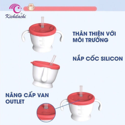 Cốc tập uống nước cho bé Kichilachi 3 giai đoạn 2 nắp, cốc tập hút cho bé Kichi ống hút silicone - Hình ảnh 3