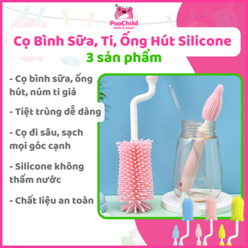 Cọ rửa bình sữa silicon rửa bình sữa núm ti 3 chi tiết tay cầm xoay 360 độ vệ sinh bình sữa cho bé