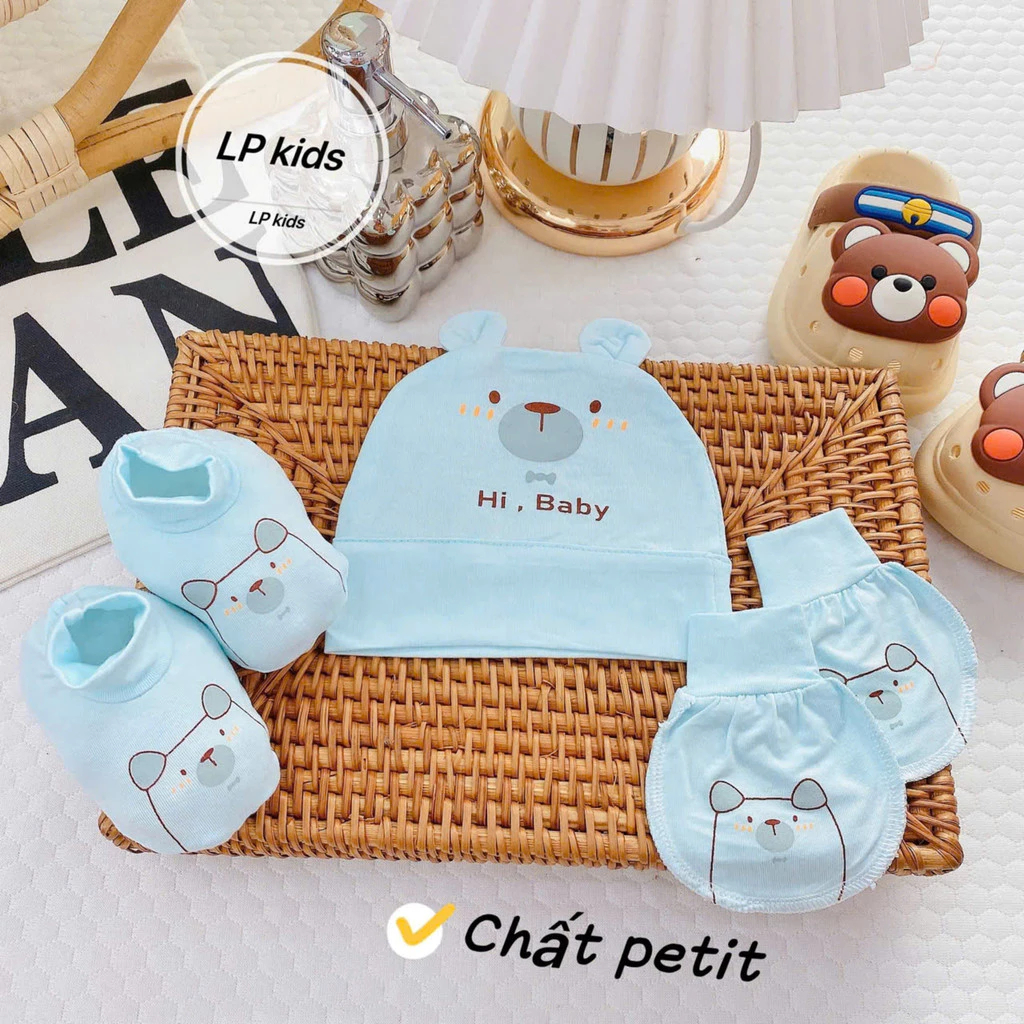 Set mũ bao tay bao chân cho bé sơ sinh chất liệu Petit nền kem họa tiết thú siêu mềm mát LP-03 - Hình ảnh 8