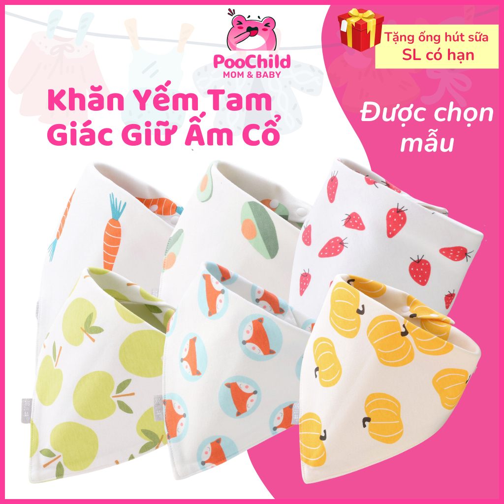 Khăn yếm tam giác cho bé vải cotton giữ ấm cổ yếm cổ thấm nước bọt có nút bấm Yếm Trái Cây