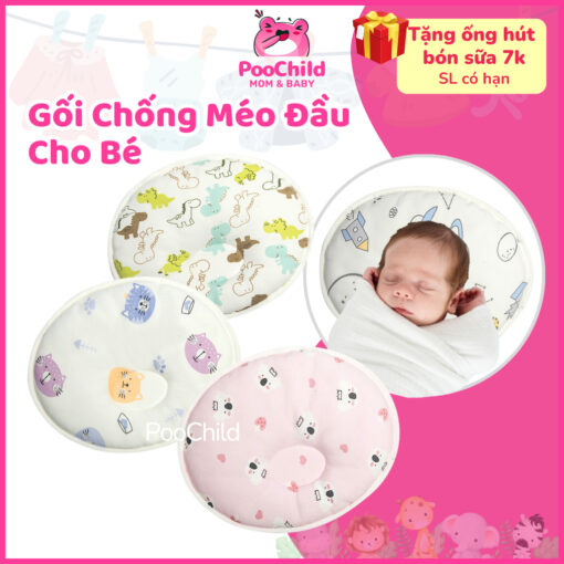Gối lõm chống bẹp đầu cho bé sơ sinh PooChild dạng tròn, thấm mồ hôi, ngủ ngon, dễ giặt, thoáng khí